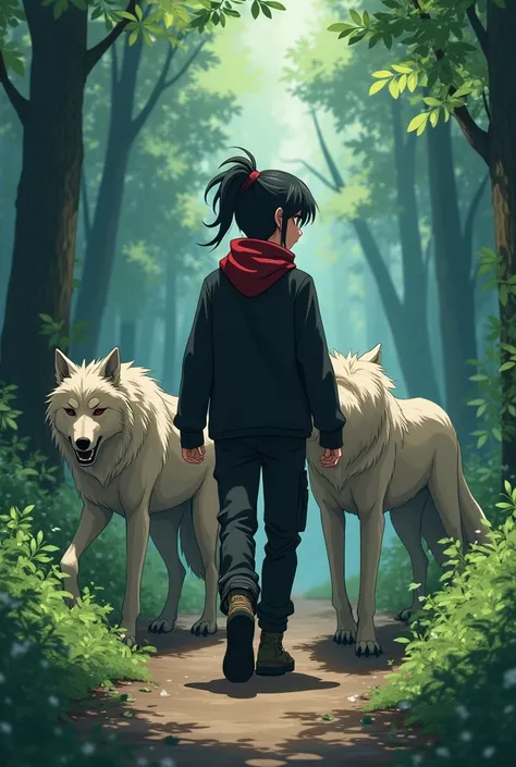 anime. 1 the young man лет 20, 5 wolves, the young man:bang, Black hair, very long hair, Hair in front of the ears,  high ponytail, Messy hairstyle,  Red Eyes, Hair ribbon red, in combat boots, in black and red clothes and on the beach, anime, the whole bo...