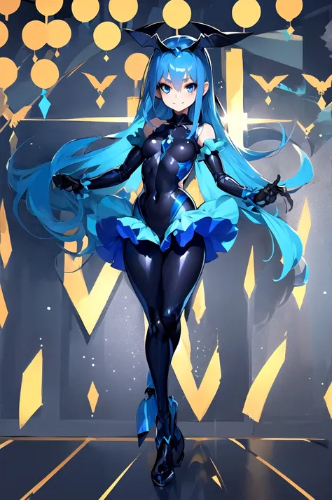 1 girl, bad_end_pretty cure, bad_end_beauty, blue hair, blue eyes, ruffled bodysuit, blue gemstone，full body suit，smile,