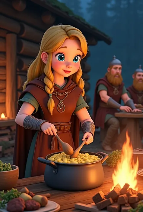 Disney 2 D animation, female viking cooking dinner, pot on firewood, pot in beef and potato, standing stir wood spoon, another vikings eating beef and potato with wooden dish and spoon, Viking girl,12 century, Sweden Young girl, beautiful female , (Highly ...