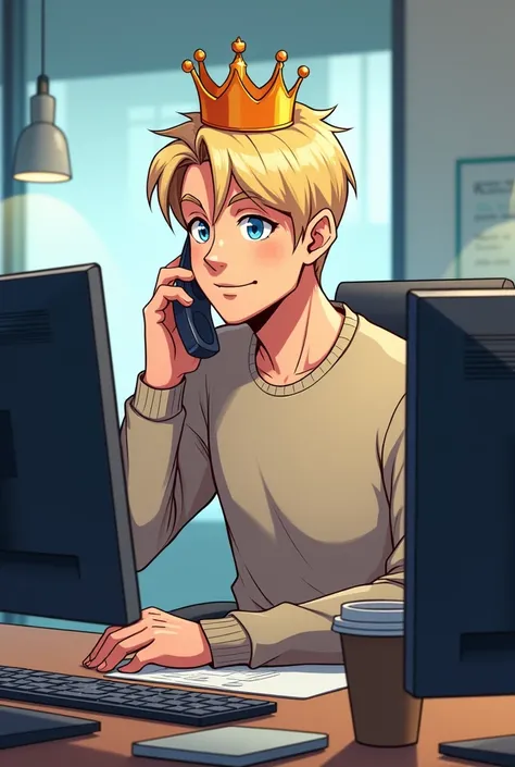 Boss with crown, Desk, hello, friendly, coffee cup, blond, manga, handy 3 monitore, on the phone, Pullover, 40. years, no glasses, shaved