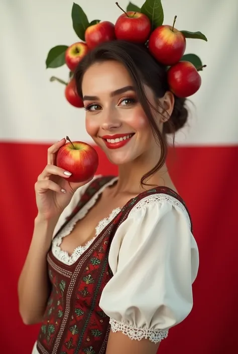 Modern Polish　woman　A very beautiful woman　smile　Glamour　Wearing traditional and recognizable traditional clothing　Open chest　Big Breasts　Many apples on the head　Holding an apple in his right hand　Biting into an apple　Background、National flag