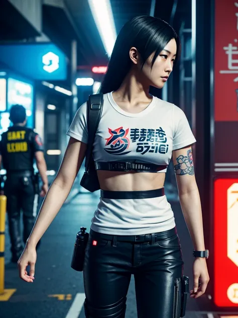 Japanese woman with an implanted right arm and a sakura tattoo, wearing a short white shirt and a body armor and black pants.  Cyberpunk 2077, police, 
