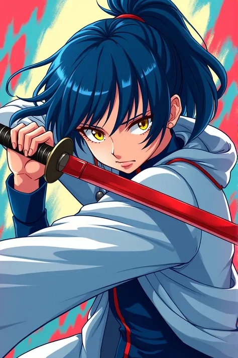 ratata artline , deepblue hair color, eye yellow, doctor suit show armpit, red katana , ponytail 