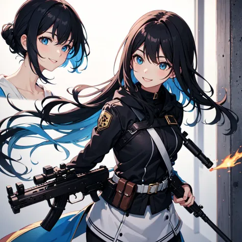 ((Best Quality)), (detailed), He has a rifle.,Around ,Black Hair,Blue hair tips,girl,cute,smile,One person