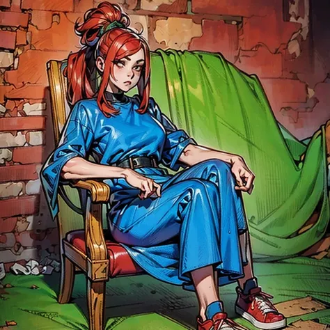 arafed woman in a blue dress and red converses sitting on a brick wall, alice in wonderland cyberpunk, like alice in wonderland,...