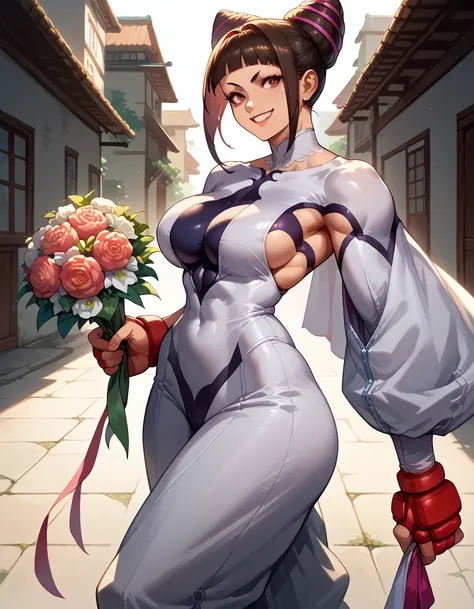 jury han (street fighter) , women, big breasts, small waist, big butt, wedding suit, wedding suit, wedding altar, holding a bouq...