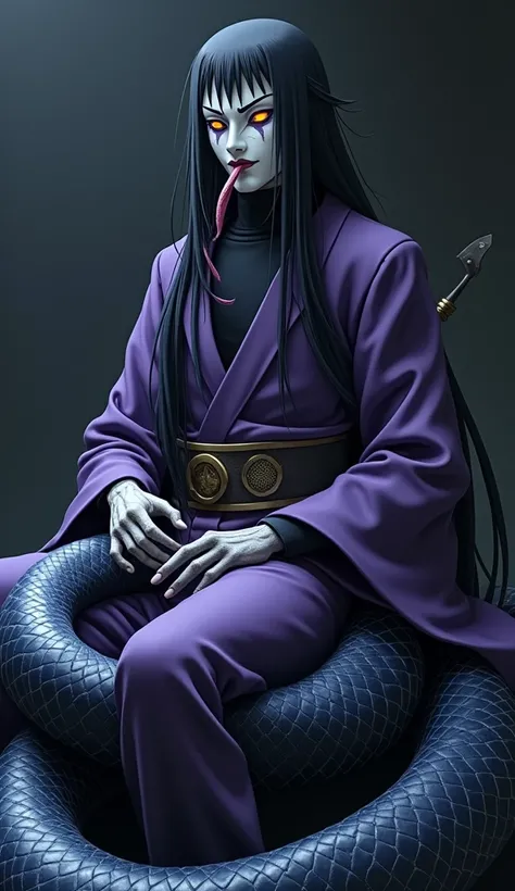 Naruto，A long black hair，Snake&#39;s long tongue，Pale skin，Golden snake-shaped pupils，Purple eye shadow，Pure white skin，来至Naruto，Naruto大蛇丸、Orochimaru、Naruto忍者服饰、Purple Ninjutsu Costume，Purple Ninjutsu Equipment，Kunai，The whole body shape is related to snak...