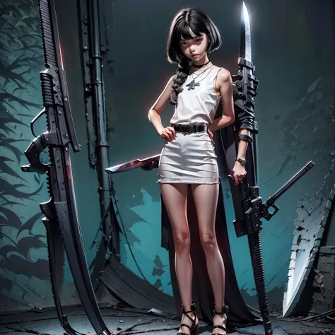 (masterpiece), (high resolution), (full body portrait), （cyberpunk）、white bowl cut、sleeveless white dress with skull pattern、 da...