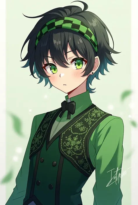 Age 17 anime boy wearing genshin impact green and black dress 
green eyes black hair green and black check headband 