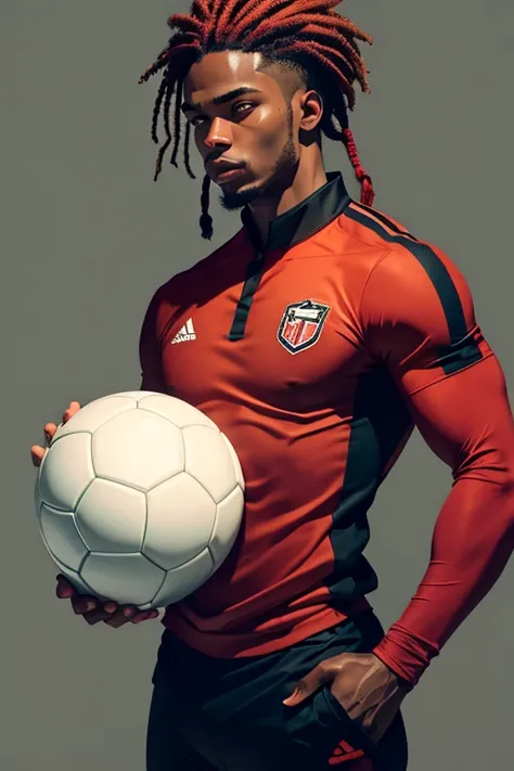 black man, red tied hair, uniform soccer ball in hand