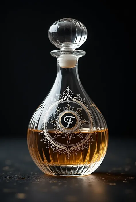 Glass magical ribbed perfume bottle with the name FATUM on the logo of which is depicted the esoteric sun and moon, in white, gold and black tones