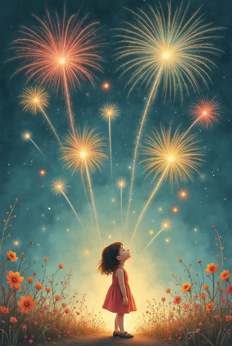 like hand-painted, old style, like sketch. Little pretty girl and fireworks 