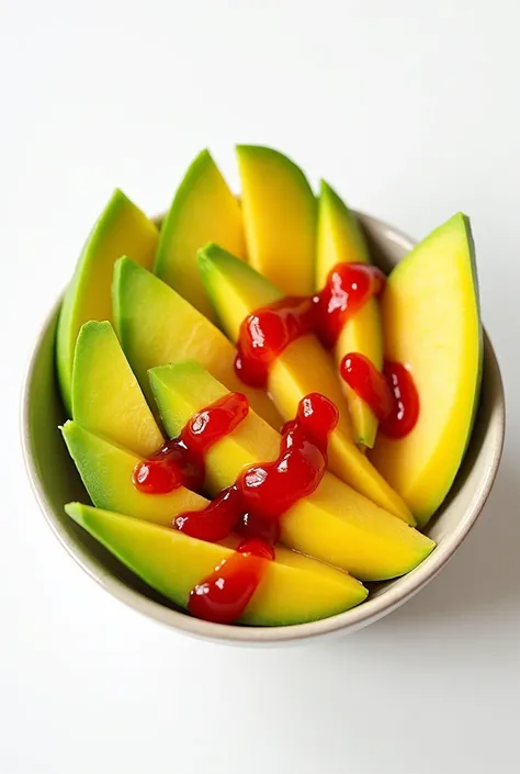 A bowl with green mango fruit in pieces with red chamoy on a professional white background 
