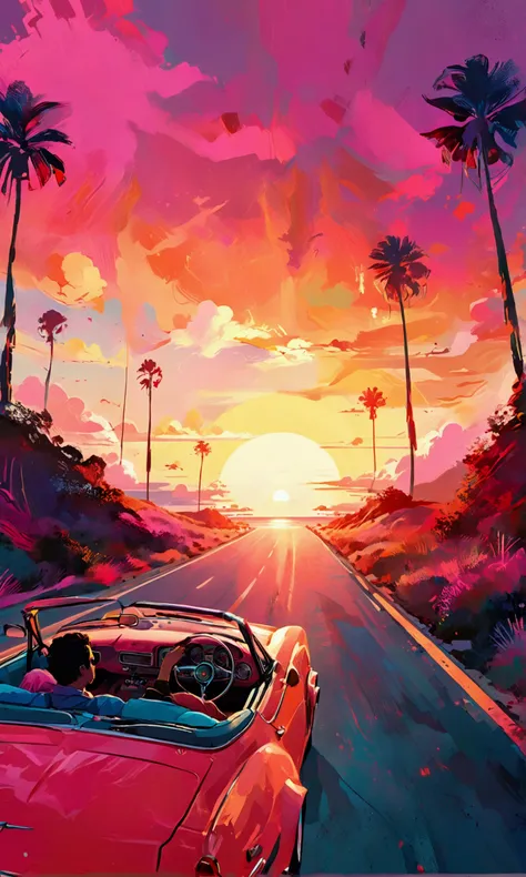 Impressive 80&#39;s,A running open car with men and women riding. An open car driving on a road with a sea view、Incorporate vibrant pastel colors, Refined lines, Retro Summer Vibes. Sunset sky、Vintage Contemporary Art with a Modern twist. Emotional atmosph...