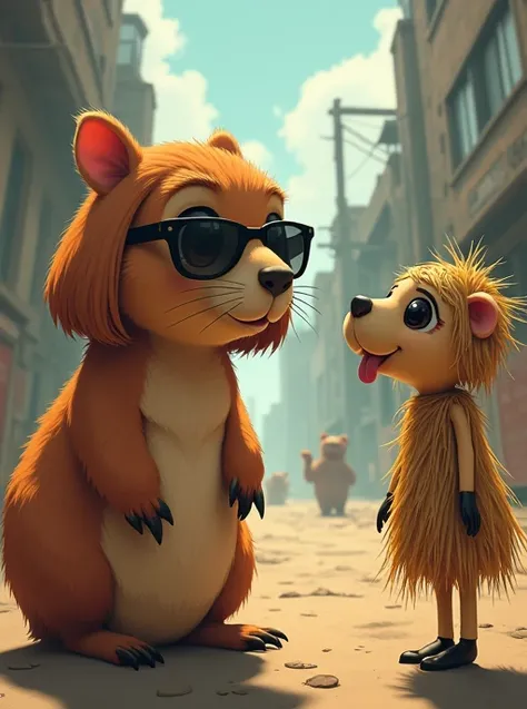 Cute capybara with a bob cut and sunglasses gazing at straw doll with tongue out, Backlight, far and near method, masterpiece, Best Quality, Winner of numerous awards, Fisheye Shot, Illustration effect for posters and magazines, Godley, Apocalypse, anime, ...