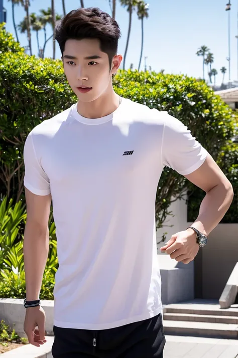 arafed man standing on a path in a white shirt and black shorts, siwoo kim, handsome chad chin, south korean male, by adam dario...