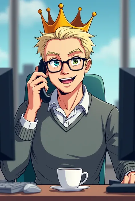 Boss with crown, Bright image, friendly, Coffee, on the phone, dark blonde, manga, 3 monitors, Pullover, 45 years, without glasses, shaved, two eye colors