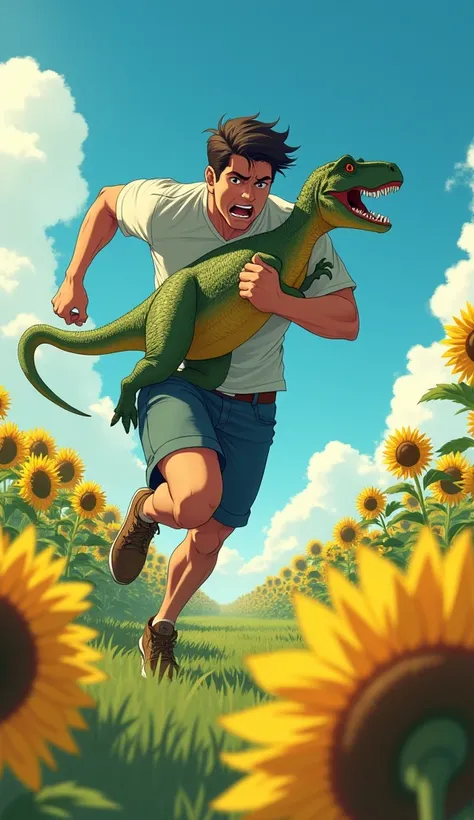 A man carries a dinosaur and runs away.,A Chinese woman with long hair standing and laughing,Sunflower field anime high resolution