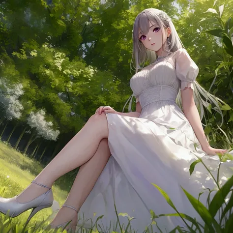 (masterpiece, best quality:1.1),1 woman in her 30s sitting in a field of green plants,sliver hair,purple eyes,white dress,footwear,warm lighting, blurry foreground,looking at viewer,from below,dutch angle
