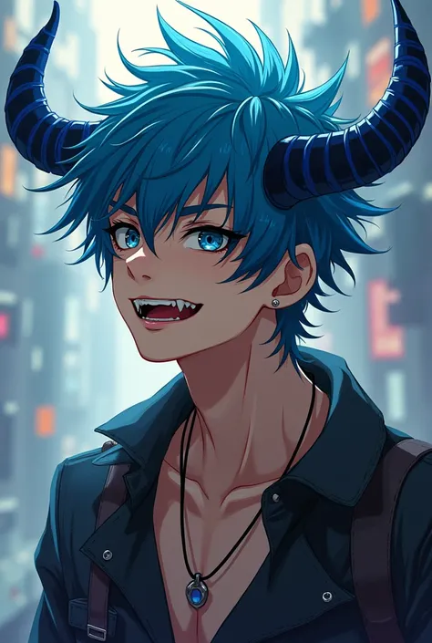 tousled and messy hair, styled in a carefree manner. Its missed with light blue fading/gradient, to a faker blue with a part of navy blue highlight, sharp pointed fangs but perfectly straight teeth, skin is brown/ beige. 

Has to dark blue horns 

Gender- ...