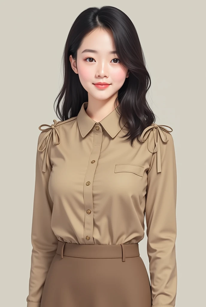 Korean female teacher wearing a long-sleeved khaki civil servant shirt with ribbons and bows on the shoulders, and a khaki skirt. 