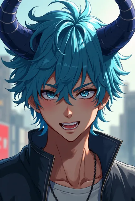 tousled and messy hair, styled in a carefree manner. Its missed with light blue fading/gradient, to a faker blue with a part of navy blue highlight, sharp pointed fangs but perfectly straight teeth, skin is brown/ beige. 

Has to dark blue horns 

Gender- ...