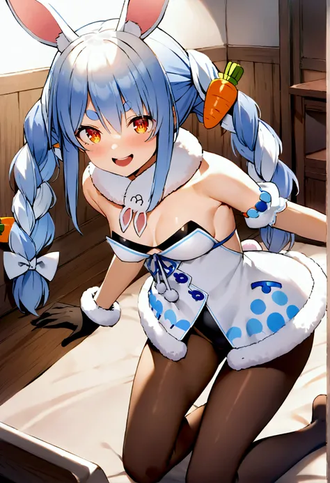 NSFW,masterpiece,Best Quality,High resolution,Very detailed,One girl,,Usada Pekora(Hololive),Orange eyes、Thick eyebrows、Bunny ears、Two-tone hair、Blue Hair、White Hair、Long Hair、Twin Blade、Hair accessories、Fur collar、White Dress、Fur-trimmed dress、Exposed sho...