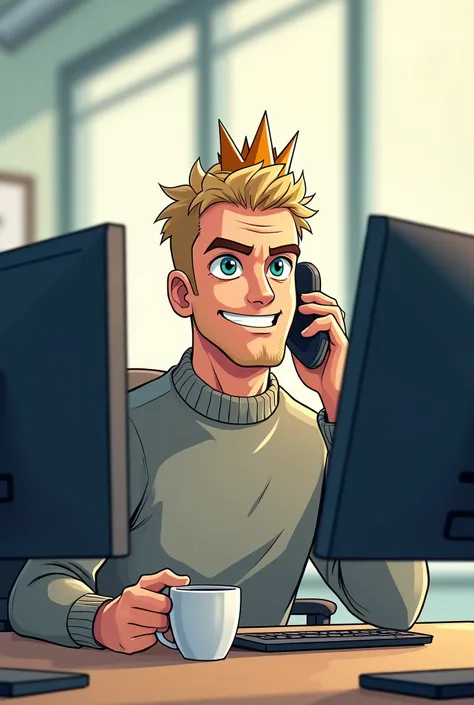 Boss with crown, Bright image, friendly, Coffee, on the phone, dark blonde, manga, 3 monitors, Pullover, 45 years, no glasses, shaved, two eye colors