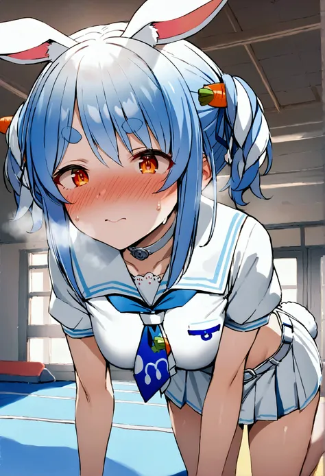 NSFW,masterpiece,Best Quality,High resolution,Very detailed,One girl,Usada Pekora(Hololive),Orange Eyes、Thick eyebrows、Bunny ears、Blue Hair、Short Hair、Two Side Up、Hair Clip、White choker、Sailor suit、Short dress、Short sleeve、Blue neckerchief、White belt,Schoo...