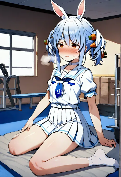 NSFW,masterpiece,Best Quality,High resolution,Very detailed,One girl,Usada Pekora(Hololive),Orange Eyes、Thick eyebrows、Bunny ears、Blue Hair、Short Hair、Two Side Up、Hair Clip、White choker、Sailor suit、Short dress、Short sleeve、Blue neckerchief、White belt,Schoo...