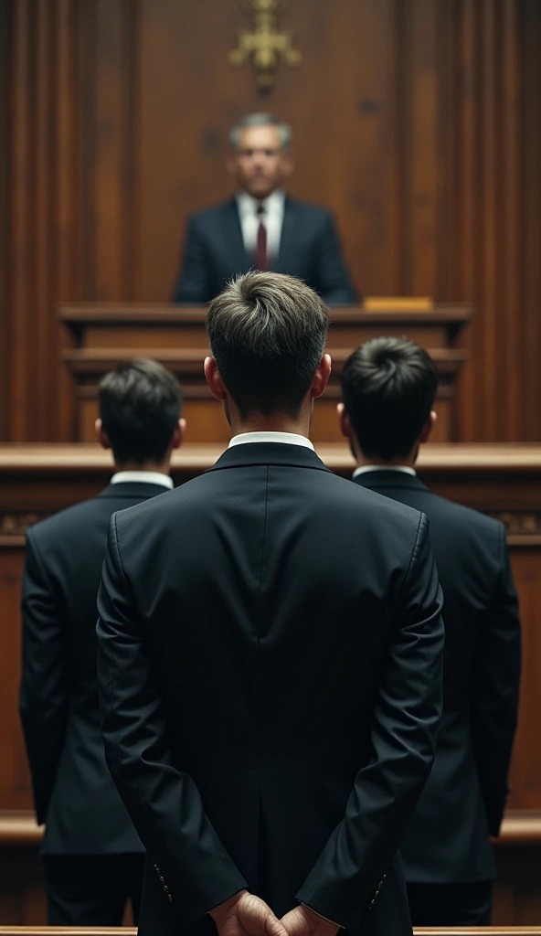 9. A courtroom scene where the family members, now in custody, stand in front of the judge. The atmosphere is one of intense tension, with their faces reflecting fear and guilt