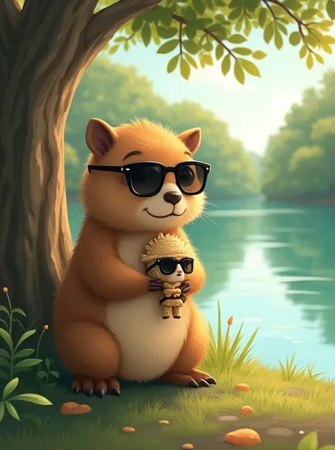 A cute capybara wearing cute sunglasses is standing by a tree by the river, holding and gazing at a small straw doll wearing cute sunglasses, Backlight, far and near method, masterpiece, Best Quality, Winner of numerous awards, Fisheye Shot, Illustration e...