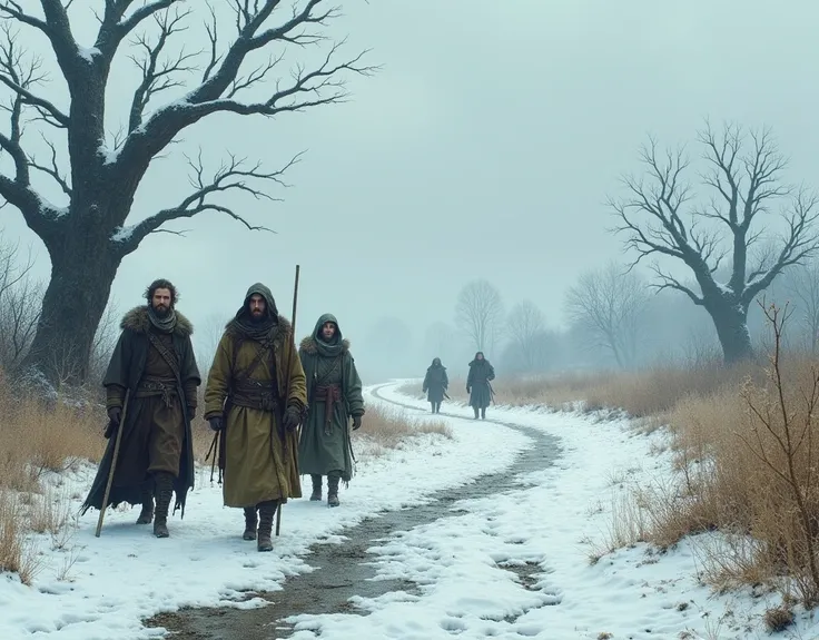 The road along which the group of poor people in medieval clothing walks is surrounded by twisted, dead trees and snow, silent witnesses of ancient times. The grass is dry, the ground is cracked and the atmosphere is one of pure uncertainty.