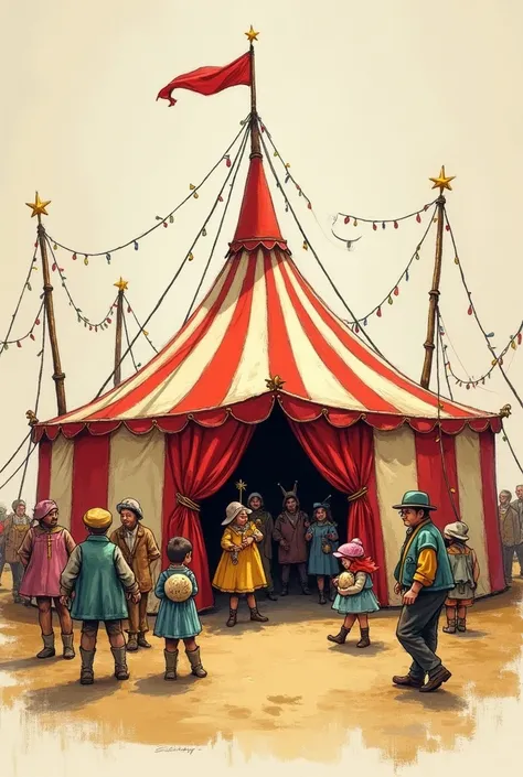 like hand-painted, old style, sketch.  in front of a circus tent