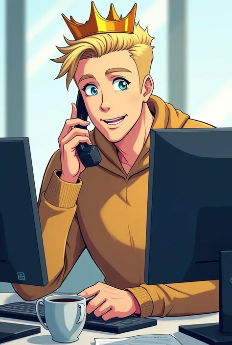 Boss with crown, Bright image, friendly, Coffee, on the phone, dark blonde, manga, 3 monitors, Pullover, 45 years, no glasses, shaved, two eye colors