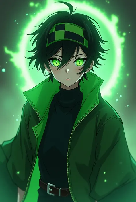 Age 17 anime boy wearing genshin impact green and black dress 
green eyes, pure black hair, green and black check forehead handkerchief aura infinity 