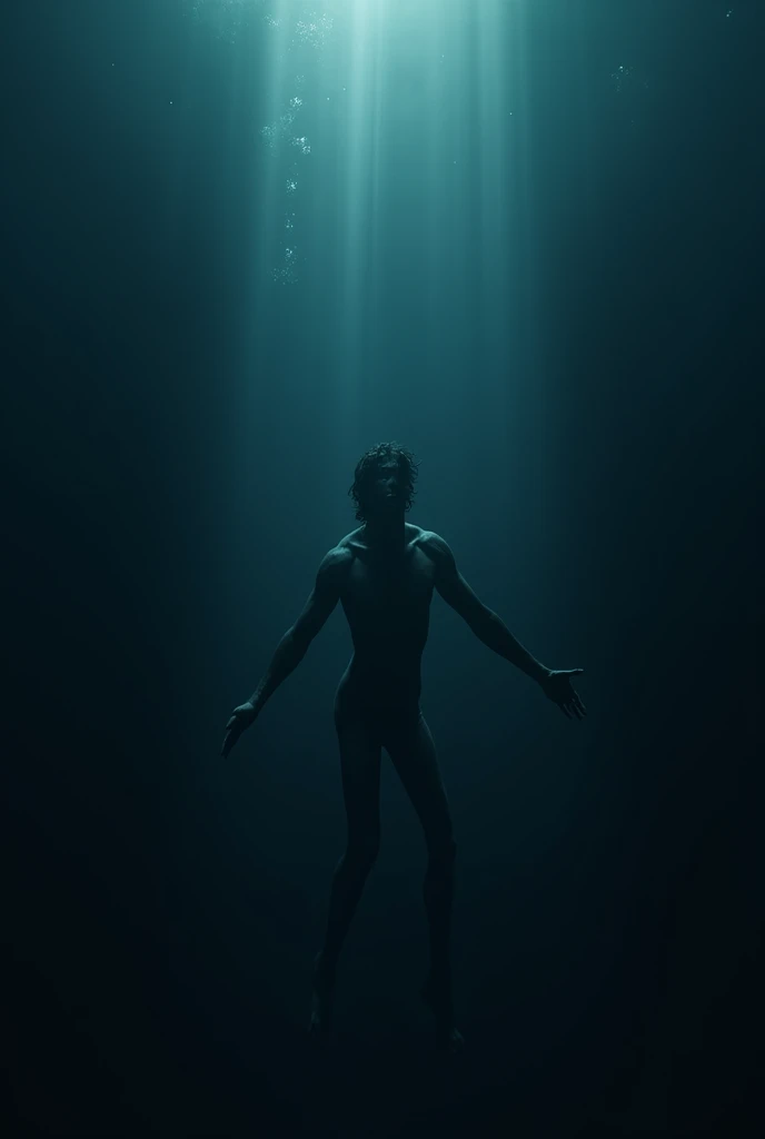 a character who is surrounded by the ocean in the abyss, il est allongé et regarde vers la surface, everything is dark around him, but there is a slight light on the surface 