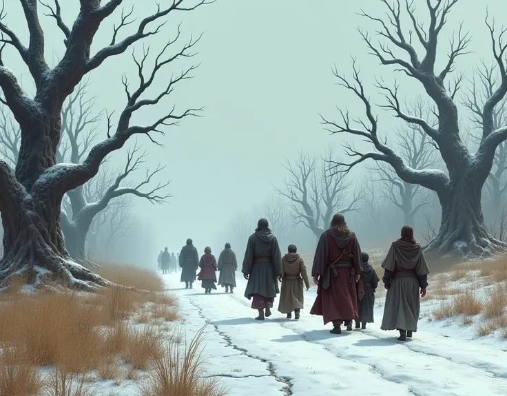 The road along which the group of 4 men, 3 children and 2 poor women in medieval clothing walks is surrounded by twisted, dead trees and snow., silent witnesses of ancient times. The grass is dry, the ground is cracked and the atmosphere is one of pure unc...