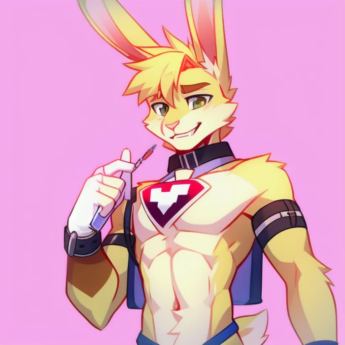 solo, male, rabbit, yellow colored fur, lean body, Anthropomorphic rabbit, medic Hellmat, needle mounted on wrist, unphased expression, femboy