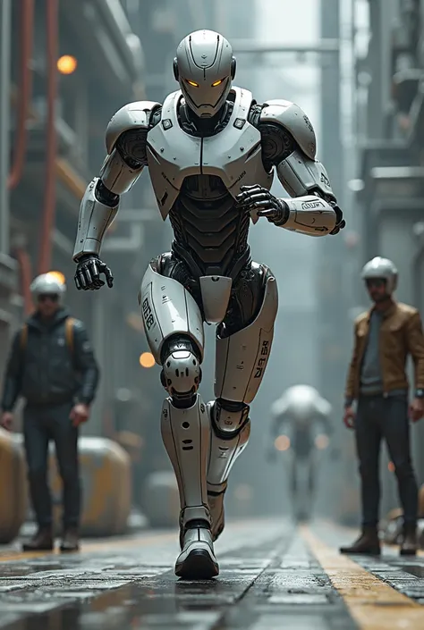 Robot running with a robot and man standing besides