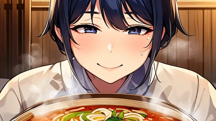 Put your face close to the bowl、A woman taking a sip of soup。The steam from the ramen enveloped her face.、The happy expression is impressive.。A woman in casual clothes、Depicting the moment when you enjoy your favorite ramen。