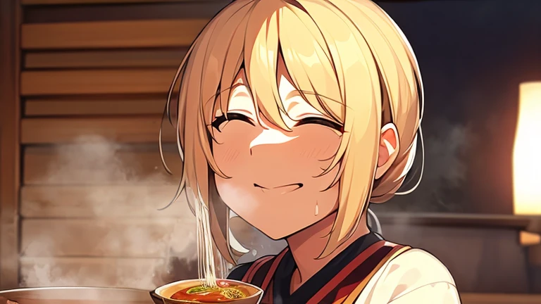 Put your face close to the bowl、A woman taking a sip of soup。The steam from the ramen enveloped her face.、The happy expression is impressive.。A woman in casual clothes、Depicting the moment when you enjoy your favorite ramen。