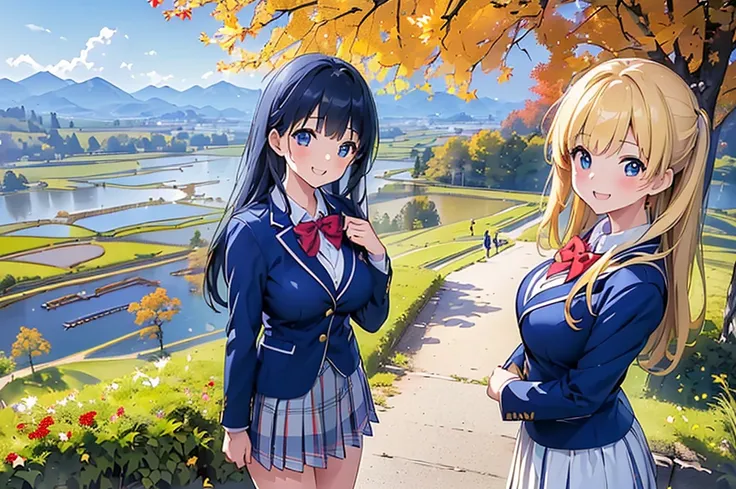 (((Masterpiece, 16k, Highest quality, Ultra-high resolution, Depth of subject))), ((Very detailed, Japanese countryside scenery, autumn leaves)), (((High school girl in blazer uniform, friend, ２people, skirt, Big Breasts))), While chatting, Very cute smile...