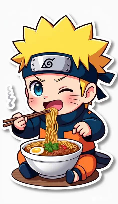 Digital 2D art, sticker style, chibi style, picture of naruto eating ramen, simple background