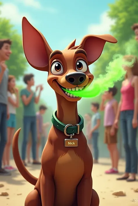 raise a happy pinscher dog if he is purebred, he has a collar with his name on it "Nick" in it, There is also green smoke coming out of his mouth, because he has an absurdly smelly breath, with people holding their noses around him