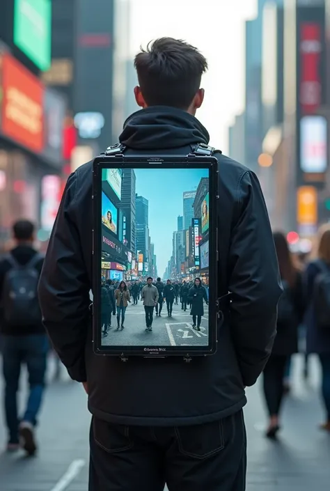 Create a man with a big screen on his back showing some advertisements and people and noticing and recording it