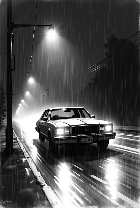 Black and white sketch of a 1970 car is driving on a road while raining at night,lamp post,light,rain