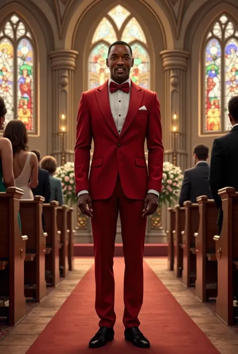 make him wear a red suit, black man, in a wedding ceremony