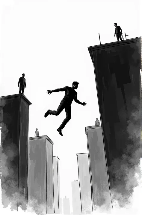 Black and white sketch of man is felling from a building  .a person is looking at him from the top of the buildings 