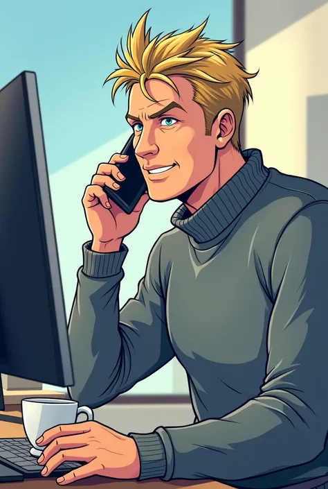 Boss with crown, Bright image, friendly, Coffee, on the phone, dark blonde, manga, 3 monitors, Pullover, 45 years, no glasses, shaved, two eye colors, trained
